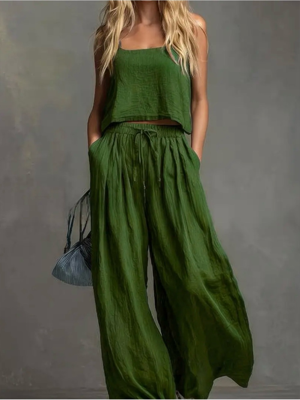 Women's Olive Green Wide-Leg Linen Pants